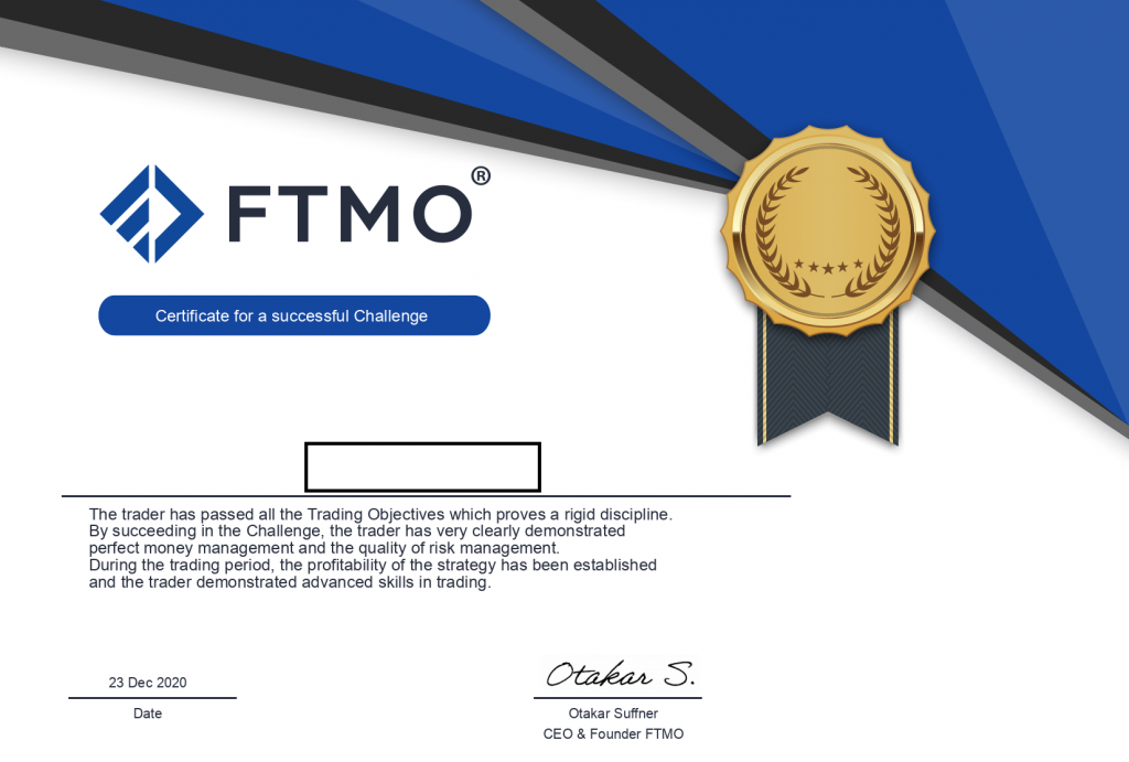 Certificat challenge prop firm FTMO décembre 2020